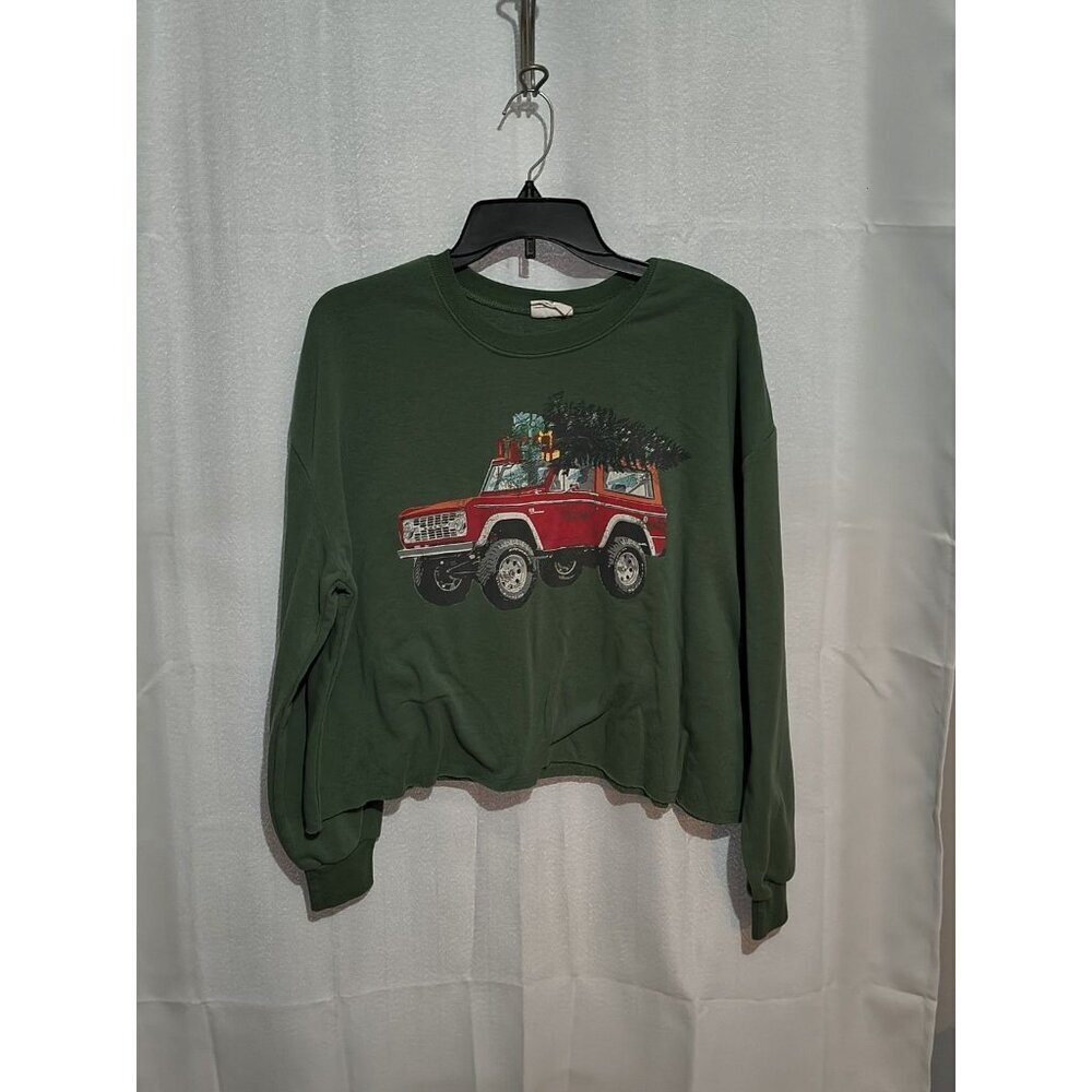 Ford Bronco Women's Medium Green Sweatshirt Long Sleeve Crop Christmas Tree